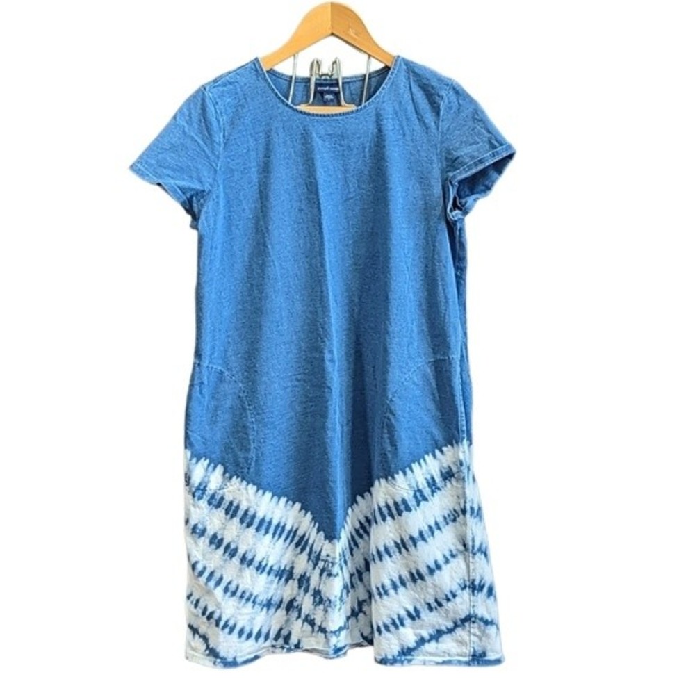 J. Jill Pure Indigo T Shirt Shift Dress Size Small 100% Cotton Tie Dye Hem